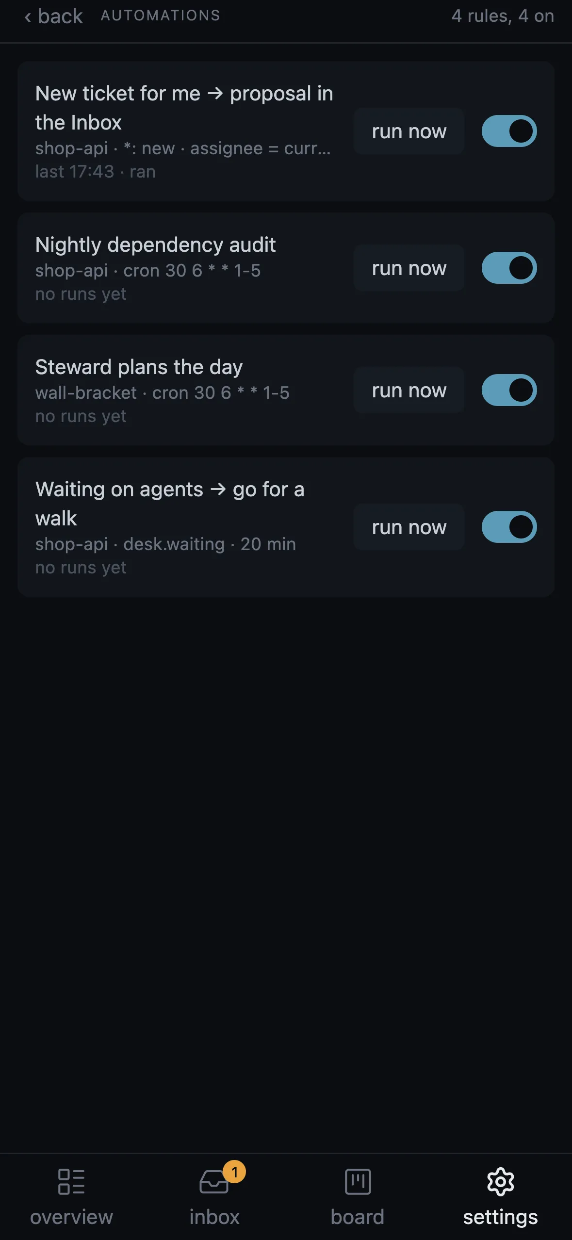 AUTOMATIONS on the phone: each rule with run now and its switch.