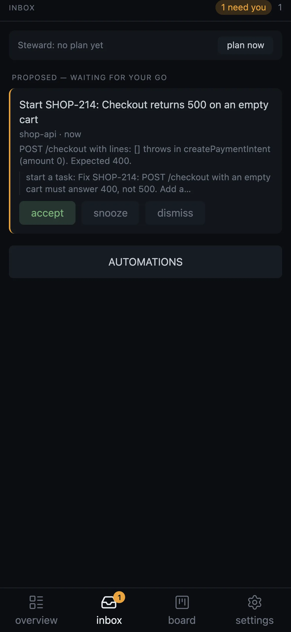 INBOX on the phone: one proposal, accept, snooze or dismiss.