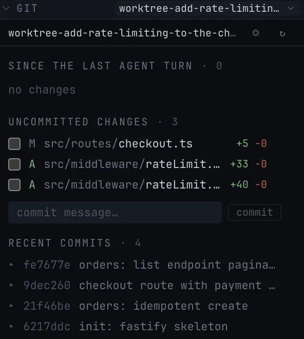 GIT: stage with checkboxes, commit, push.